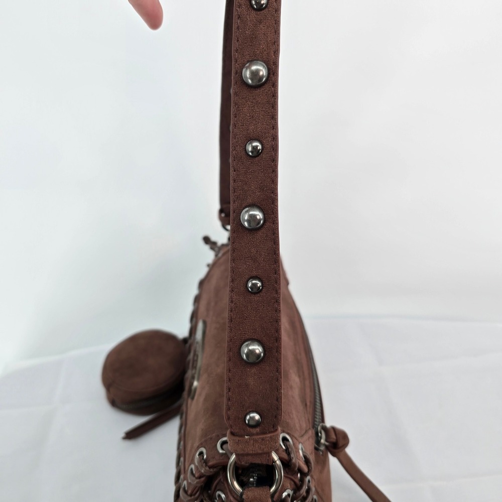 Ed Hardy Brown Suede Whipstitch Shoulder Bag with Coin Purse Y2K Western Studded - Picture 7 of 7